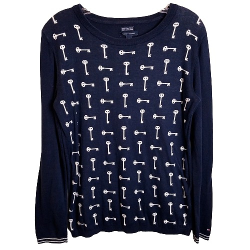 Tommy Hilfiger Womens Sweater Medium Pima Cotton Key Design Crew Neck‎ Navy Blue